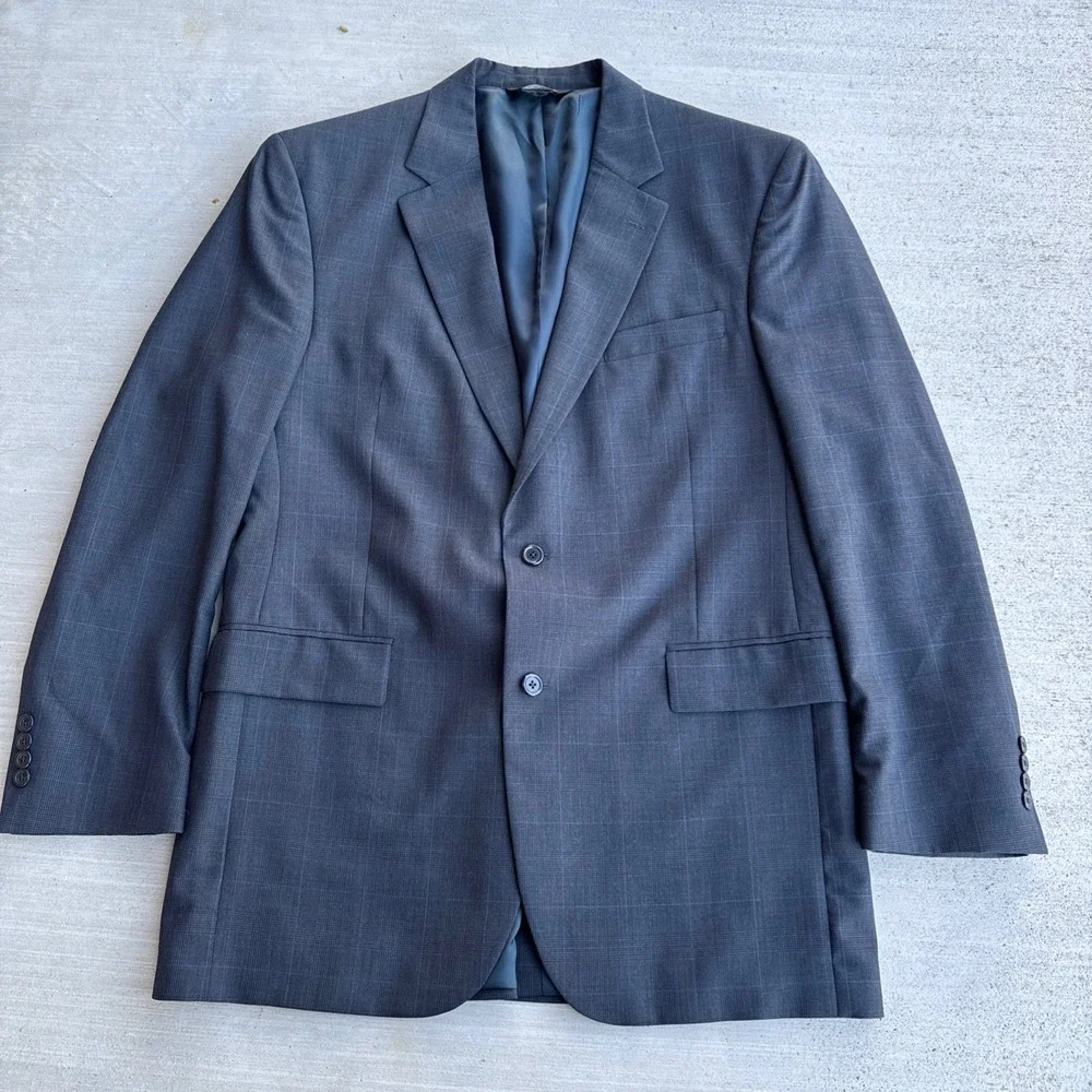 Jos A Bank Suit Mens 43L 34R Grey Glen Plaid Wool 2 Button Pleated Cuffed 2pc